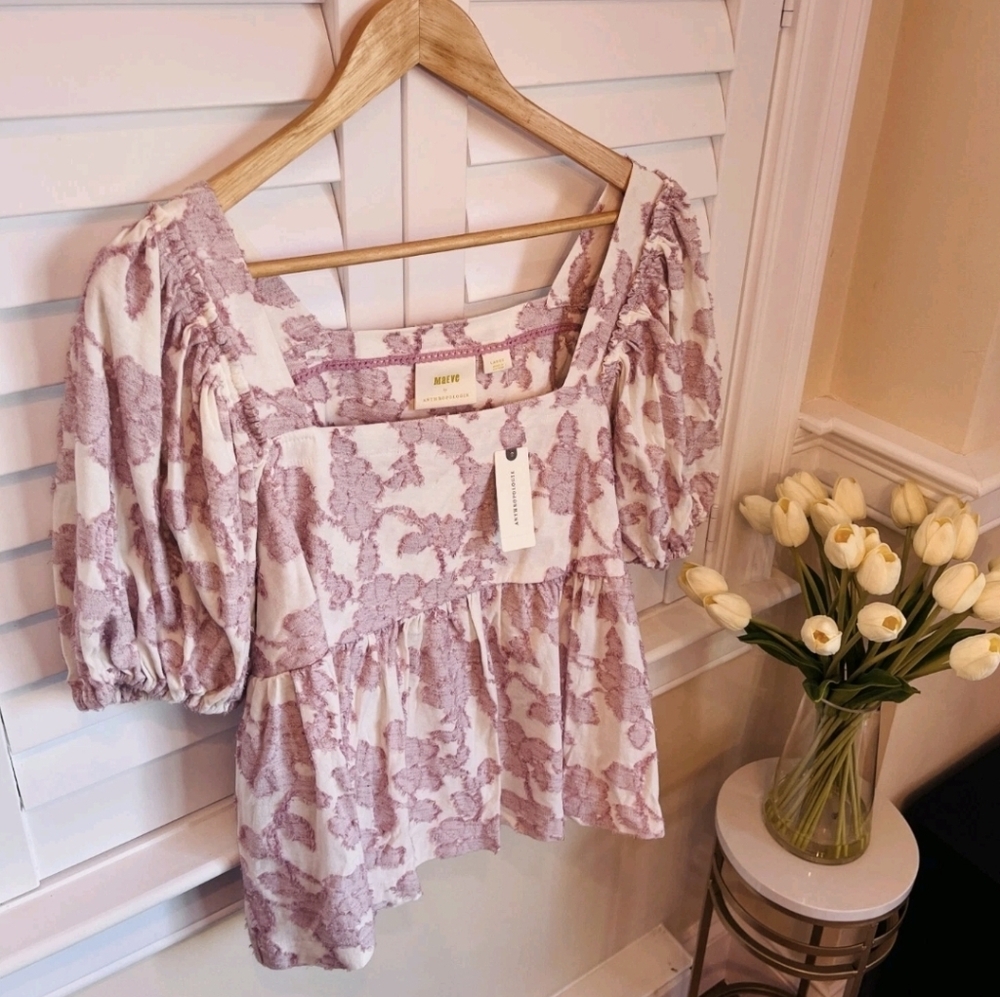Anthropologie Maeve Batia Textured Babydoll Top Blush Pink Floral NWT Size M
